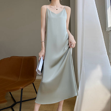 Simulated Silk Satin Suspender Dress for Women in Spring and Summer with Suit Acetate French Mid-length Design Niche Trend