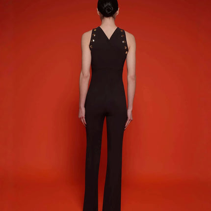 European and American foreign trade high-end boutique women's jumpsuit sleeveless high waist round neck slim figure flared pants