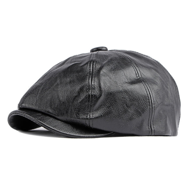Hats for Men and Women in Spring, Autumn and Winter British Retro Casual Octagonal Hat Pu Leather Simple Beret Pure Color Newsboy Hat