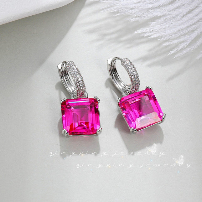 Trembling Cross-border European and American Princess Square Earrings Red Corundum Zircon Earrings Hot Selling Simulation Color Treasure High-end Earrings for Women