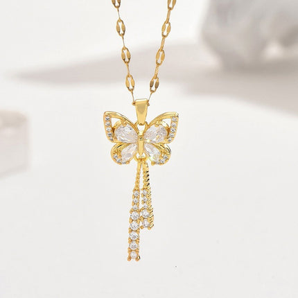 [Titanium Steel] Tassel Butterfly Light Luxury Fashion Simple Hollow Exquisite Necklace Women's All-match Collarbone Chain Pendant