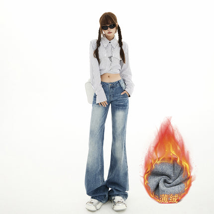 Raccoon dog house American retro low waist hot girl flared pants women 2024 fall/winter Joker slim fleece jeans women wholesale