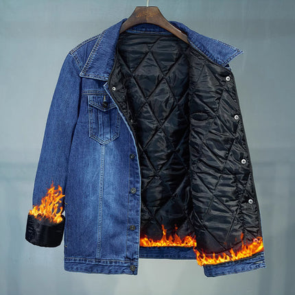 Tide and Fertilizer Extra Large Denim Coat fleece-lined Thickened plus size Men's Winter Jacket Warm Cotton-padded Fake Two-piece Top