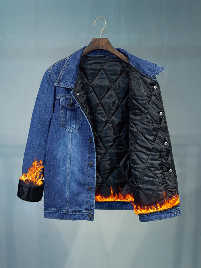 Tide and Fertilizer Extra Large Denim Coat fleece-lined Thickened plus size Men's Winter Jacket Warm Cotton-padded Fake Two-piece Top