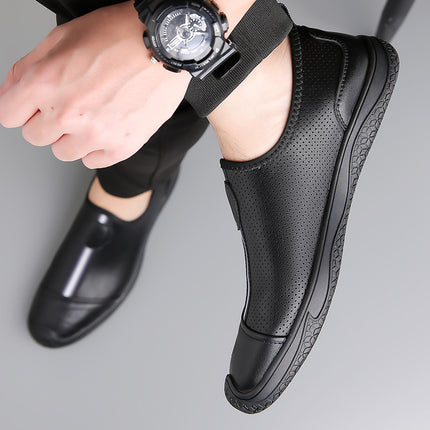 Men's Shoes 2025 Summer New Breathable Thin Hollow-Out Slip-On Black Genuine Leather Casual Loafers