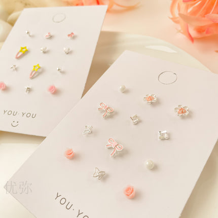 Sweet Small Fresh Simple Silver Needle Small Ear Stud suit Small Exquisite Cute Gentle Girl Heart Ring New Spring Style