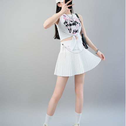 Korean Idol Zhang Yuanying's Same Style White Printed Tank Top Sleeveless Chain Pleated Skirt Short Skirt Stage Outfit Set Summer