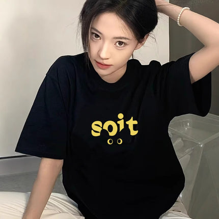 Pure Cotton European American Shoulder Short-sleeved T-shirt Women's 2025 New Explosions Loose Fashion Brand High Street Half-sleeved Top for Summer