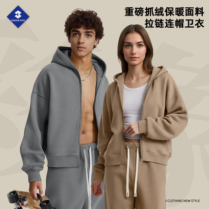 Cai Xiang Island Men's Boxy Fit Heavyweight Hoodie 350g Fleece Hoodie Double Zipper Sweatshirt for Men