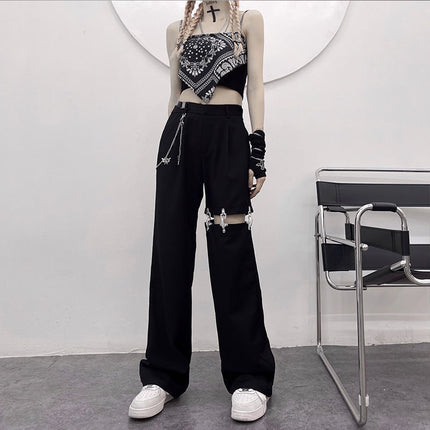 High-Waisted Women's Summer Pants, New Harajuku Style Straight-Leg Pants, Hollow-Out Wide-Leg Pants, Trendy Suit Pants That Make Legs Look Longer