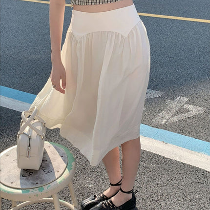 Neurz Summer Beige Glossy Clear High-Waisted French Umbrella Skirt Mid-Skirt Women's Summer Thin Half Skirt
