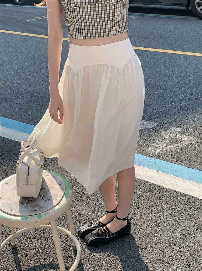 Neurz Summer Beige Glossy Clear High-Waisted French Umbrella Skirt Mid-Skirt Women's Summer Thin Half Skirt