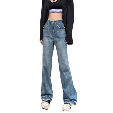 Retro Hong Kong Style Jeans Women's Design Niche Furry Straight Pants New High Waist Slim Floor Mopping Pants Autum