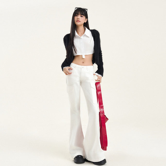 American-style High Street Tooling Micro-jeans Women's 2024 Winter New Low Waist Loose Slimming Wide-leg Flared Pants
