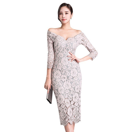 Elegant Lace V Neck Slim Sexy Dress 2023 Korean Style Women's Slimming Look Hip-Hugging Three-Quarter Sleeve Mid-Length Dress
