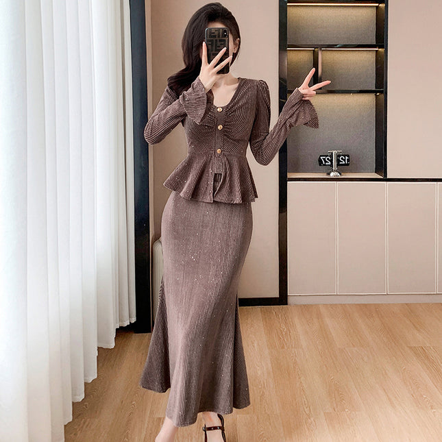 Light Luxury Celebrity Fashion Suit for Women 2024 Autum New Sequined Bell Sleeve Top Fishtail Skirt Two-Piece Set