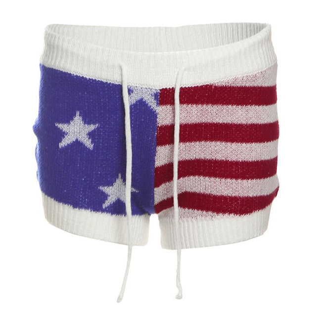 Street Style Sexy Low-Waist Star Stripesd Contrasting Woolen Shorts Sexy Lace-Up Slim Fit Versatile Retro Style Hot Pants