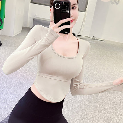 Yoga Clothes with Breast Mat Tight Sexy Stretch Sports Long Sleeve Slim Look Running Training Quick Dry U-Neck Naked Top