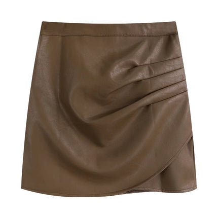Black Small Leather Skirt Women's Autumn and Winter New Arrival chubby girl High Waist Pleated Skirt Anti-Light Puleather Hip A- Line Skirt