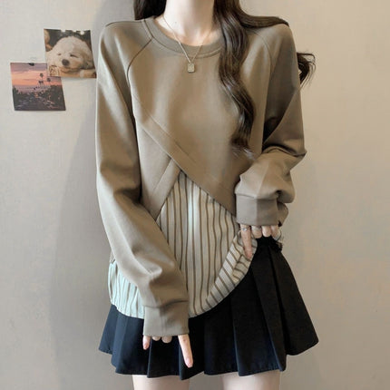 Plus-Size Women's Loose Striped Patchwork Faux Two-Piece Top for Autumn, Slimming Versatile Regular Shoulder Base Shirt