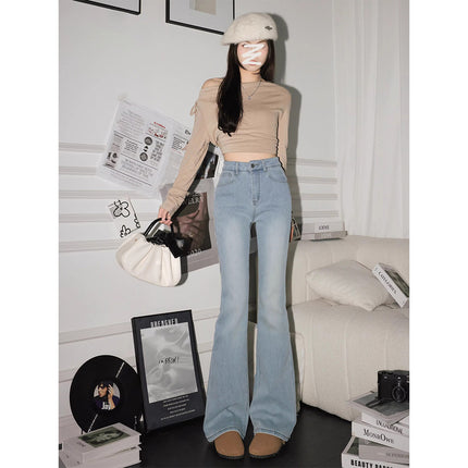 Petite Washed Light-Colored High-Waisted Flared Jeans for Women 2025 Spring New Slim Fit Bootcut Pants