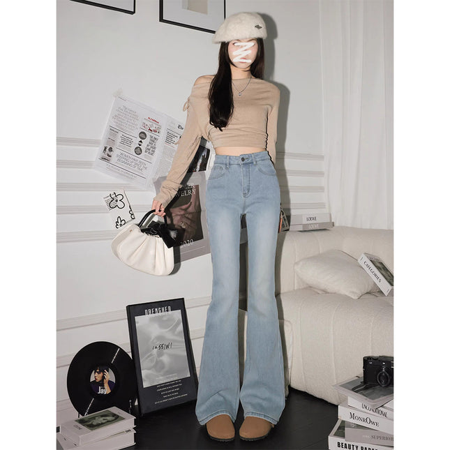 Petite Washed Light-Colored High-Waisted Flared Jeans for Women 2025 Spring New Slim Fit Bootcut Pants