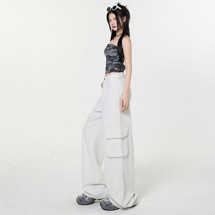 American Retro Gray Cargo Pants for Women 2025 Spring New Design Multi-Pocket Loose Wide-Leg Jeans
