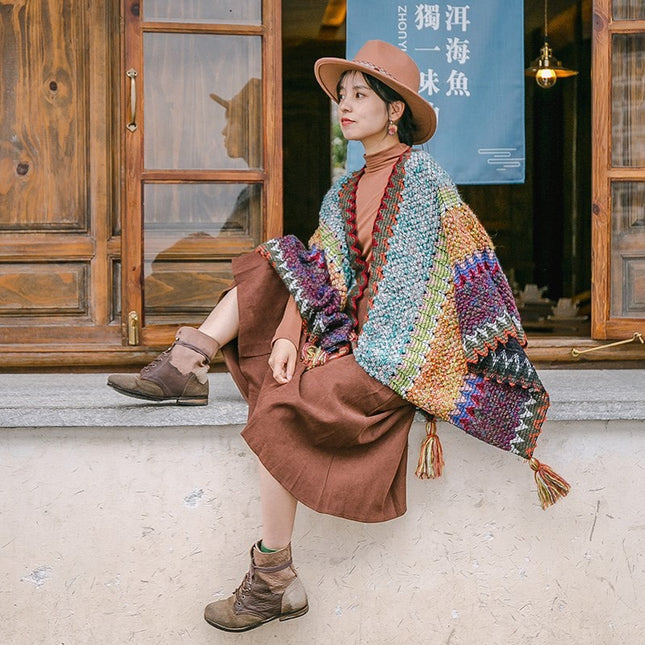 Northwest Ethnic Style Cloak Dual-purpose Air Conditioning Cloak Wool Knitted Handmade Tassel Cloak Xinjiang Travel Cloak