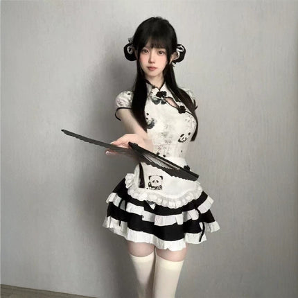 New Chinese Style Chinese Girl Print Improved Cheongsam Button Top High Waist Cake Skirt Cute Apron Summer Suit for Women