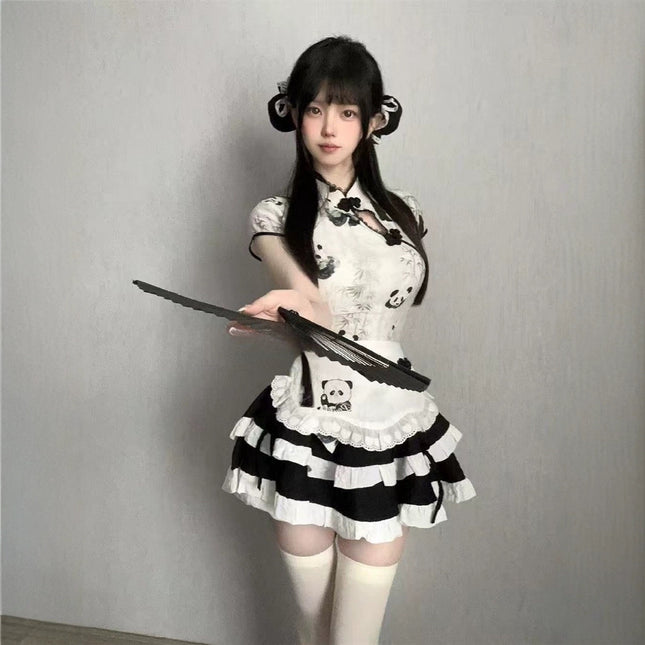 New Chinese Style Chinese Girl Print Improved Cheongsam Button Top High Waist Cake Skirt Cute Apron Summer Suit for Women