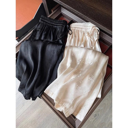 High-End Surplus Satin Drape Acetate Wide-Leg Pants for Women, Loose White Jacquard Straight-Leg Ice Silk Trousers