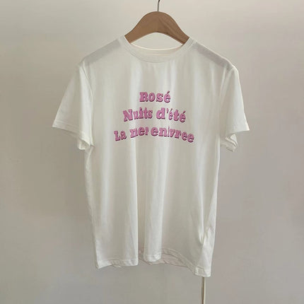 Niche Momsi*Er French Wine Glass Printed Short-Sleeved T-Shirt for Women Ins Super Hot Loose Summer Round Neck Tee