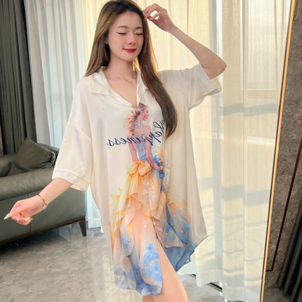 Summer New Style Fashionable Pure Lust Sexy Ice Silk Shirt Pajamas Loose High-End Home Wear Suit for Women