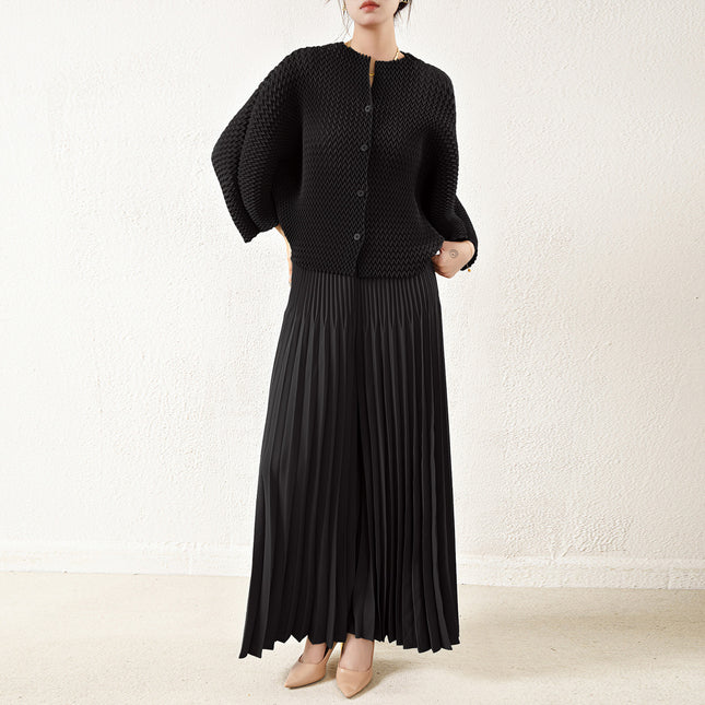 Miyake Fashion suit Women's Autumn Niche Design Sense V-shaped Pleated Batwing Shirt Top Pleated Large Pant Skirt Two-piece Set