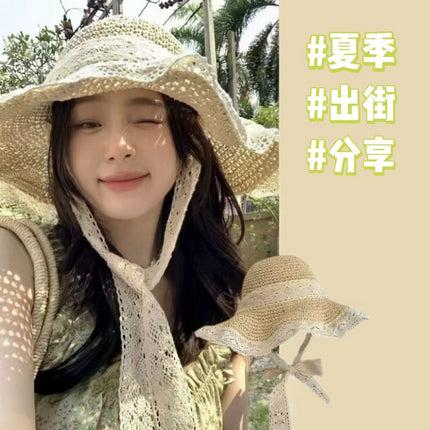 Straw Hat Seaside Large Brim Sun Hat Women's Summer Breathable Face-Covering Sun Hat Lace Beach Hat Sun Protection Hat
