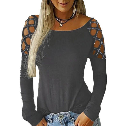 European and American cross-border 2023 autumn and winter women's clothing eBay Amazon wish round neck rhinestone hollow-out long sleeve top T-shirt