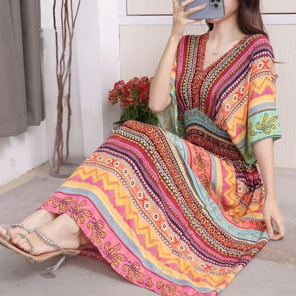 Cross-border ethnic style V-neck cotton silk short-sleeved beach skirt Thailand travel dress summer printed holiday floral skirt