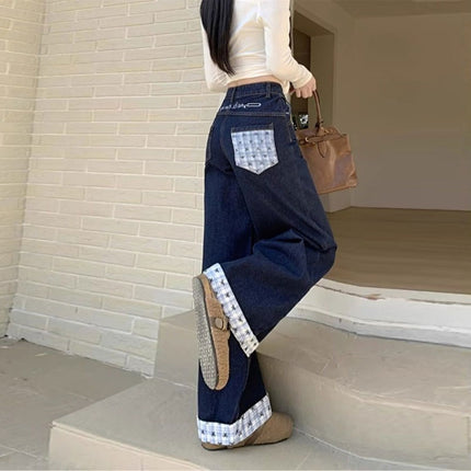 American-Style Dark Blue Denim Wide-Leg Pants, New Cropped Plaid Patchwork Design, Petite Slimming Straight-Leg Floor-Length Pants