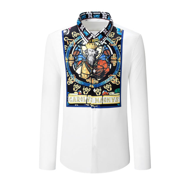 European and American Style Light Luxury Handsome Slim Digital Printed Men's Long-Sleeved Shirt Tops Cross-Border Hot Selling New Style