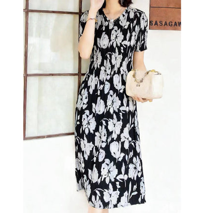Miyake pleated 2025 summer new temperament round neck printed pleated skirt fashion waist thin magic dress
