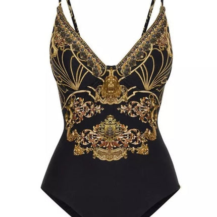2023 European and American one-piece Conservative belly covering slimming vacation beach hot spring swimsuit French retro one-piece bikini