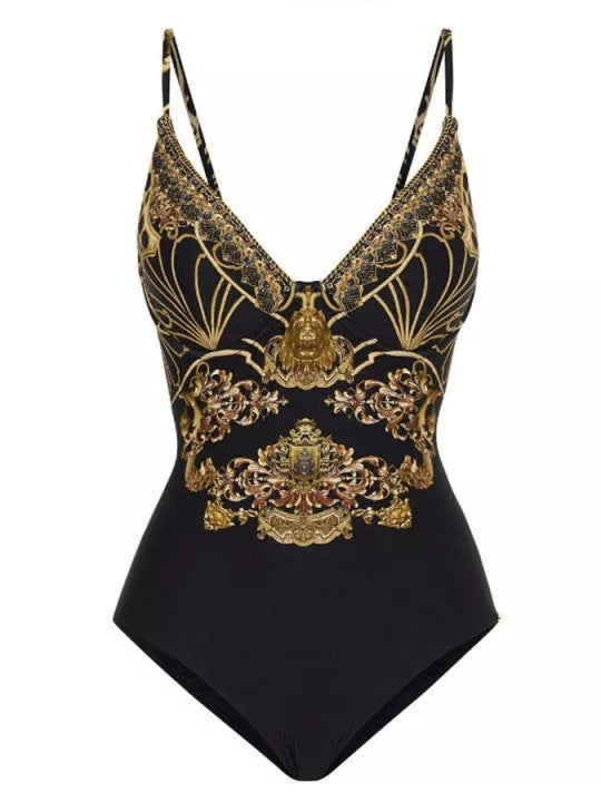 2023 European and American one-piece Conservative belly covering slimming vacation beach hot spring swimsuit French retro one-piece bikini