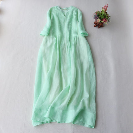 Cotton Linen dress Women's Small Vertical Collar Elegant Organ Pleated Seven-point Sleeve Loose Floating Elegant Solid Color Long Dress Summer New
