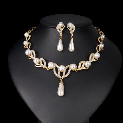Imitation Gold Ear Studs/Ear Clips, Necklace and Earrings Pearl Jewelry Set, Bridal Leaf-Shaped Long Teardrop Pearl Necklace