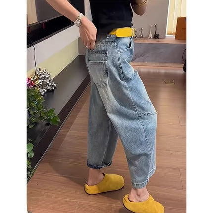 Ripped Cropped Harem Jeans for Women, Spring New Style, Pear-Shaped Figure, Thin Carrot Pants, Plus Size Loose Wide-Leg Pants