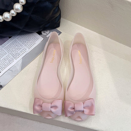 Flat shoes soft bottom women's summer rubber plastic shoes shallow mouth Black breathable non-slip bow fish mouth jelly shoes foreign trade