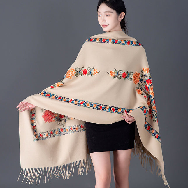 Autumn and Winter Nepal Vase Embroidered New Style Cashmere Scarf Women's Ethnic Style Embroidered Tassel Large Shawl