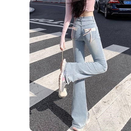 New Chinese Style National Style Slimmer Jeans Women's Trendy All-match High Waist Slim-fit Bow Lace Design Flared Pants