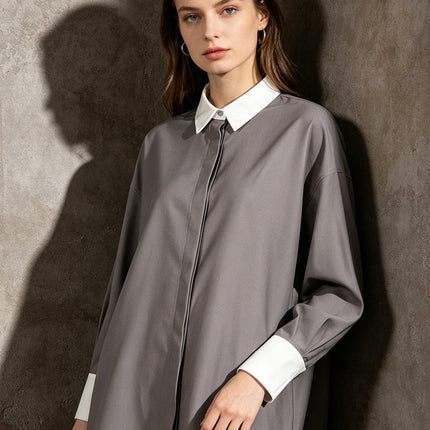 Japanese-Style Lazy Dress 2026 Spring Artistic Retro Commuting Color-Block Collar Loose Plus-Size Shirt Dress