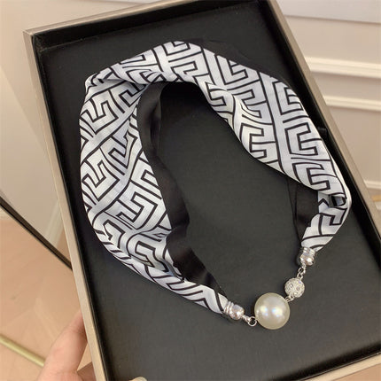 2026 New Magnetic Buckle Small Silk Scarf with Geometric Patterns and Rhinestones, Magnetic Necklace Scarf, Women's Hairband Scarf